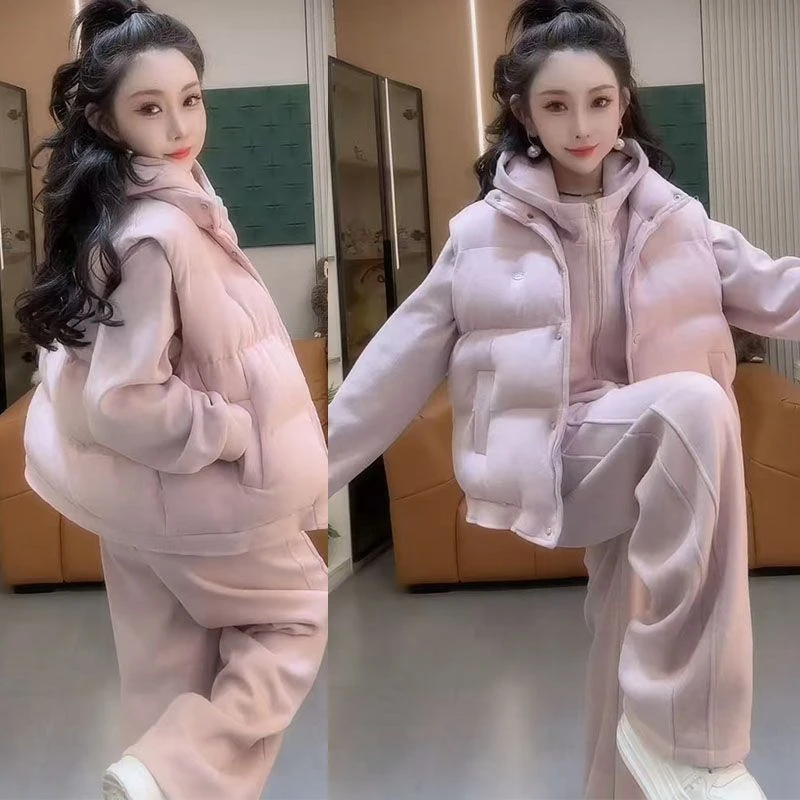 189保暖秋冬新款韩版休闲运动套装加绒加厚卫衣卫裤棉马甲三件套