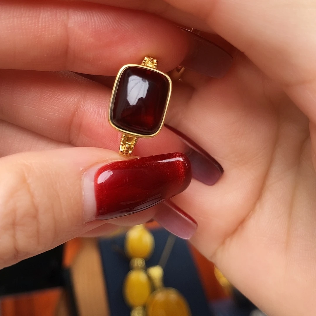 血珀银S925镀金镶嵌戒指