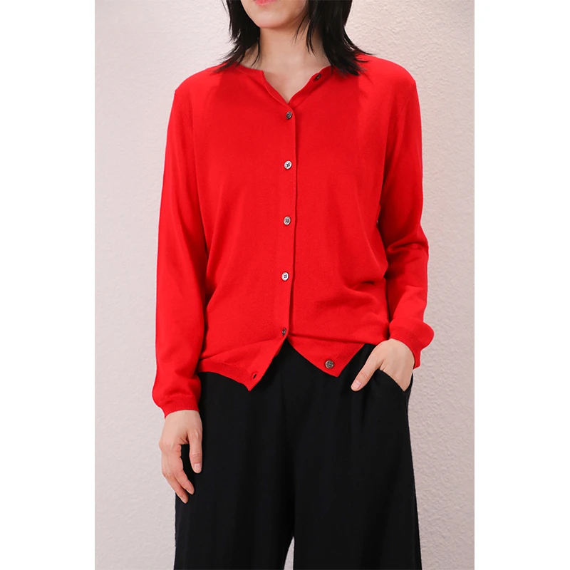 东雍 精纺简约圆领文艺百搭修身单排扣丝羊绒针织小开衫内搭外穿