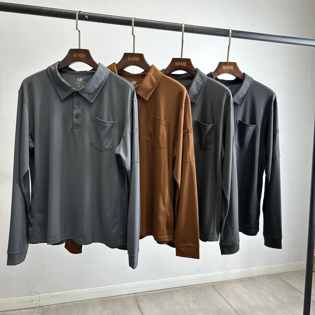 外贸男士大码免烫透气翻领长袖翻领T恤Polo衫机能户外打底衫9512