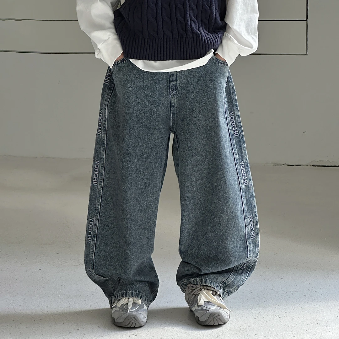 男童春秋直筒阔腿弯刀工装牛仔裤2025新款青少年儿童早秋宽松裤子