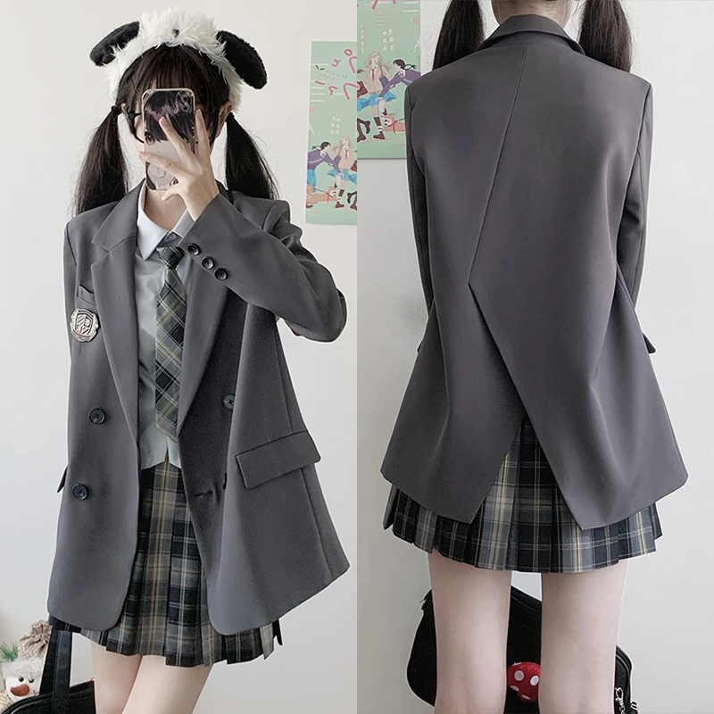【雾原川西服后背开衩】JK制服格裙套装【衬衫+裙子+西服】送领带徽章
