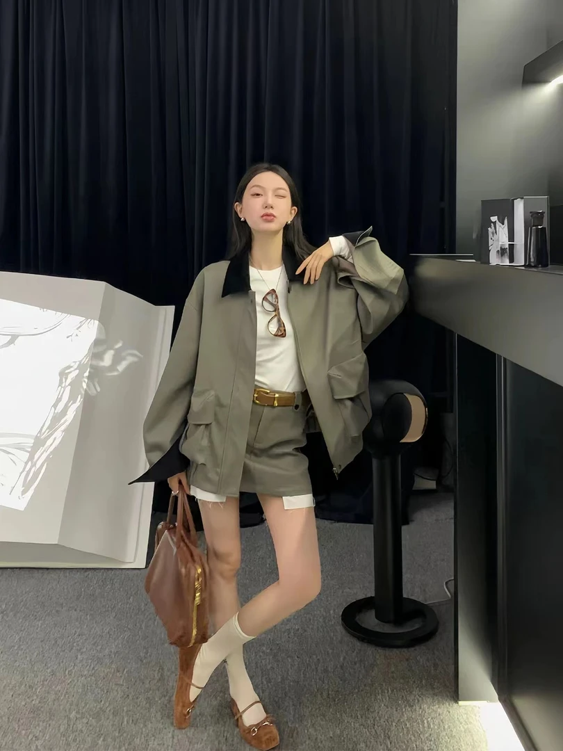 撞色外套宽松复古工装夹克上衣+短裙女2024年秋季新款韩版套装潮