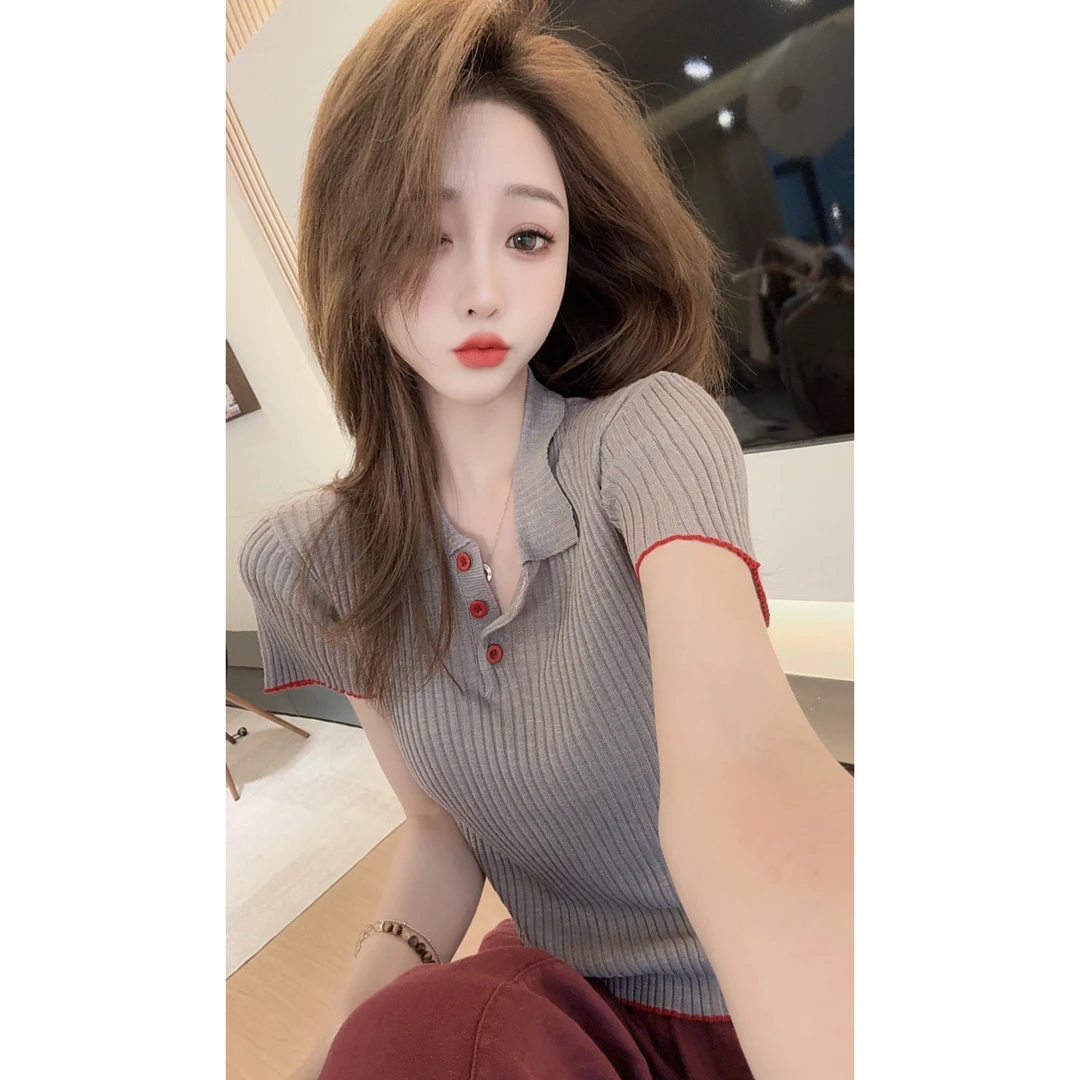 【陈陈私服】洋气设计感拼色翻领上衣凉感减龄显瘦短袖小衫25051001