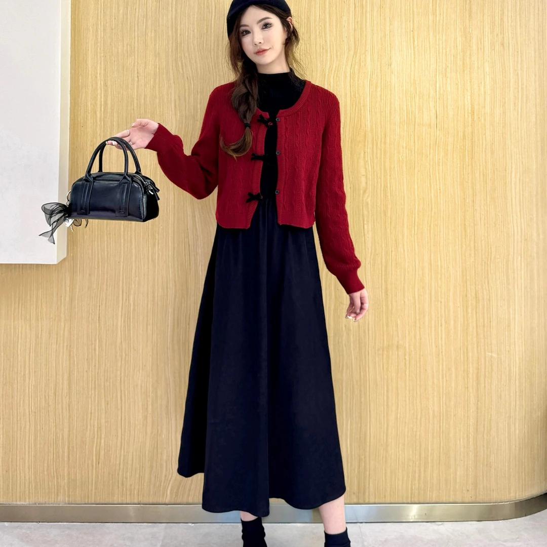 针织开衫吊带连衣裙两件套女装秋冬气质高级感小香风套装裙子