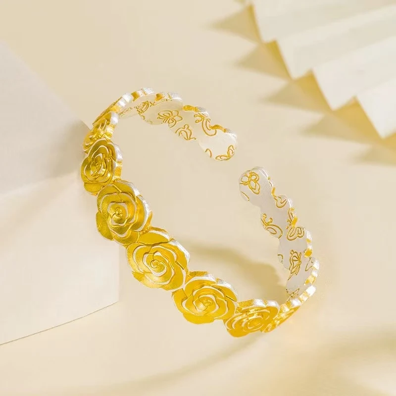 鹿怡 足银手镯 999.9描金玫瑰花34克开口新中式国风送女友银手镯