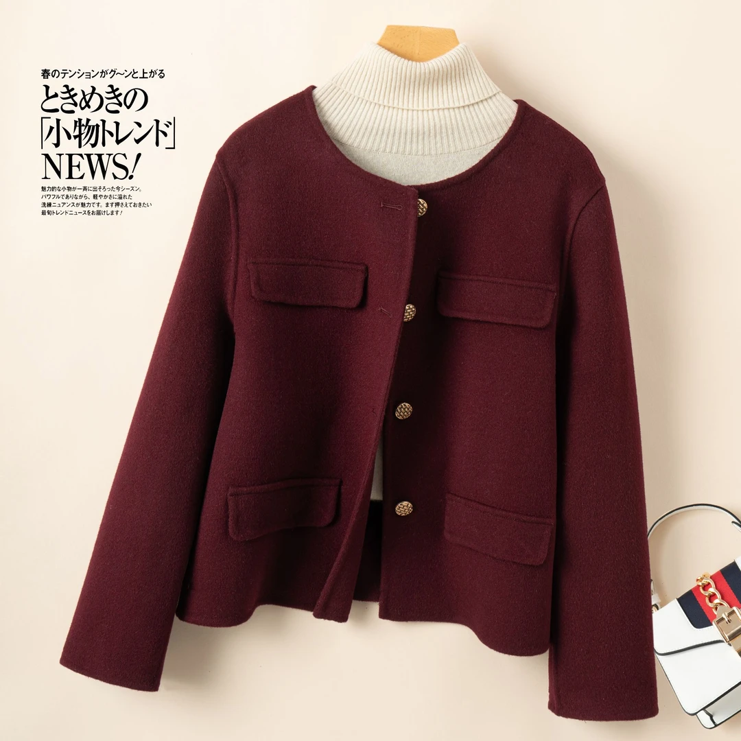 YSN8651小香风100%全羊毛双面呢大衣短款