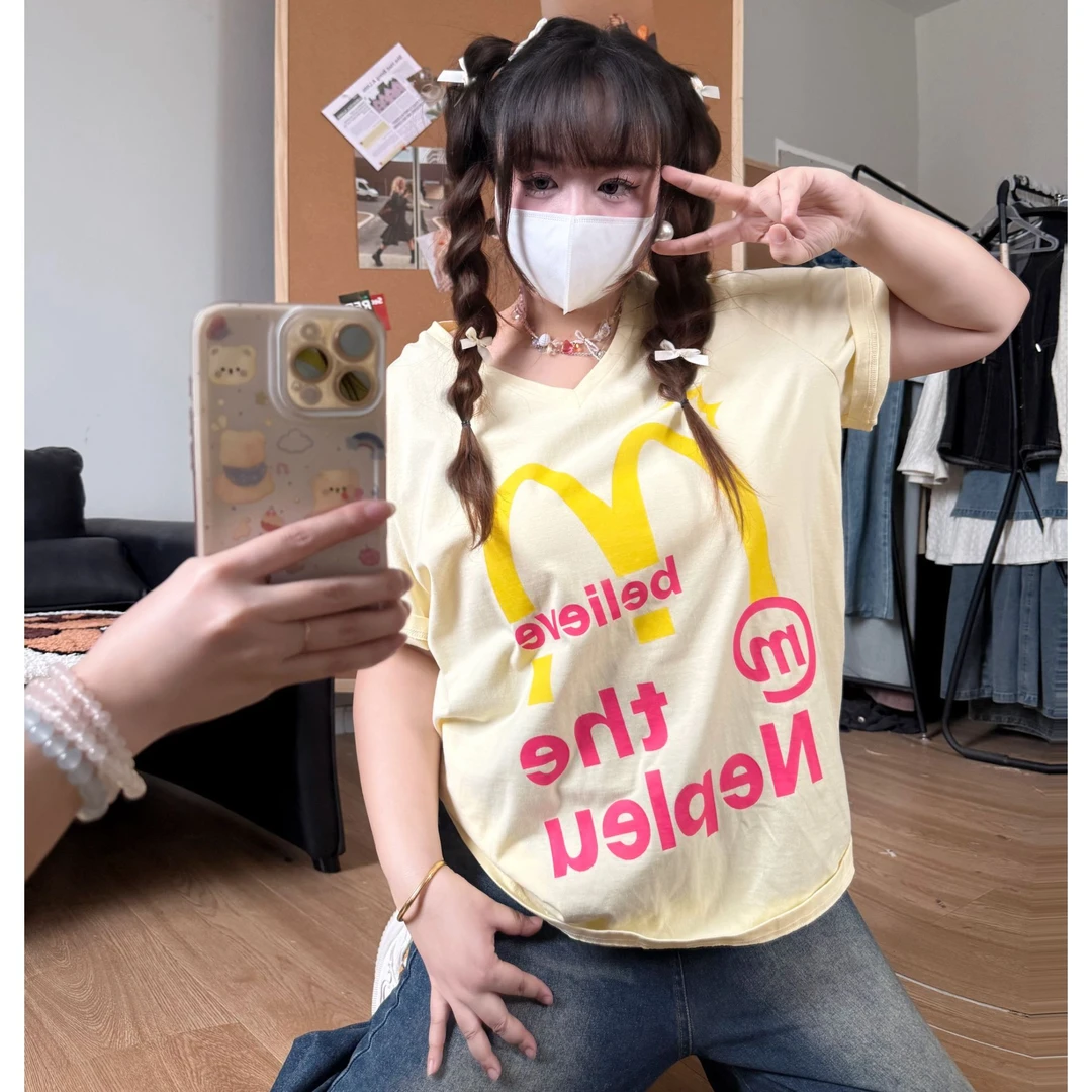 LIN/小美很忙【黄色麦门】 大码女装 时尚百搭弹力T恤短袖WLL314