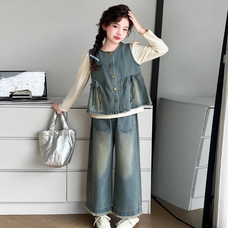 （娜宝）女童秋装牛仔三件套2025新款韩版女孩时髦阔腿裤中大童套装