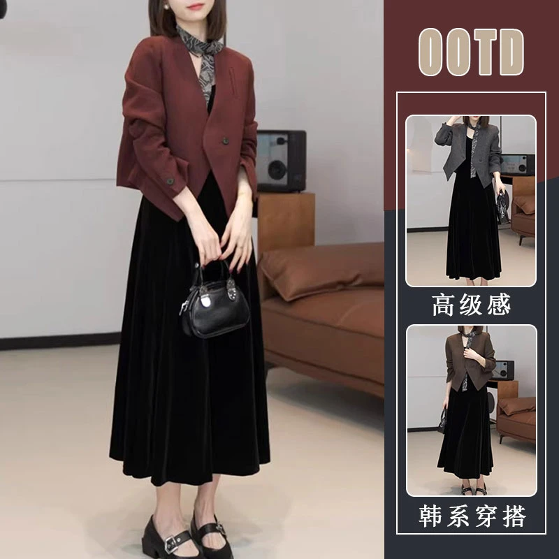 2025新款秋季轻奢高级感西装外套搭显瘦连衣裙飘带气质套装女潮