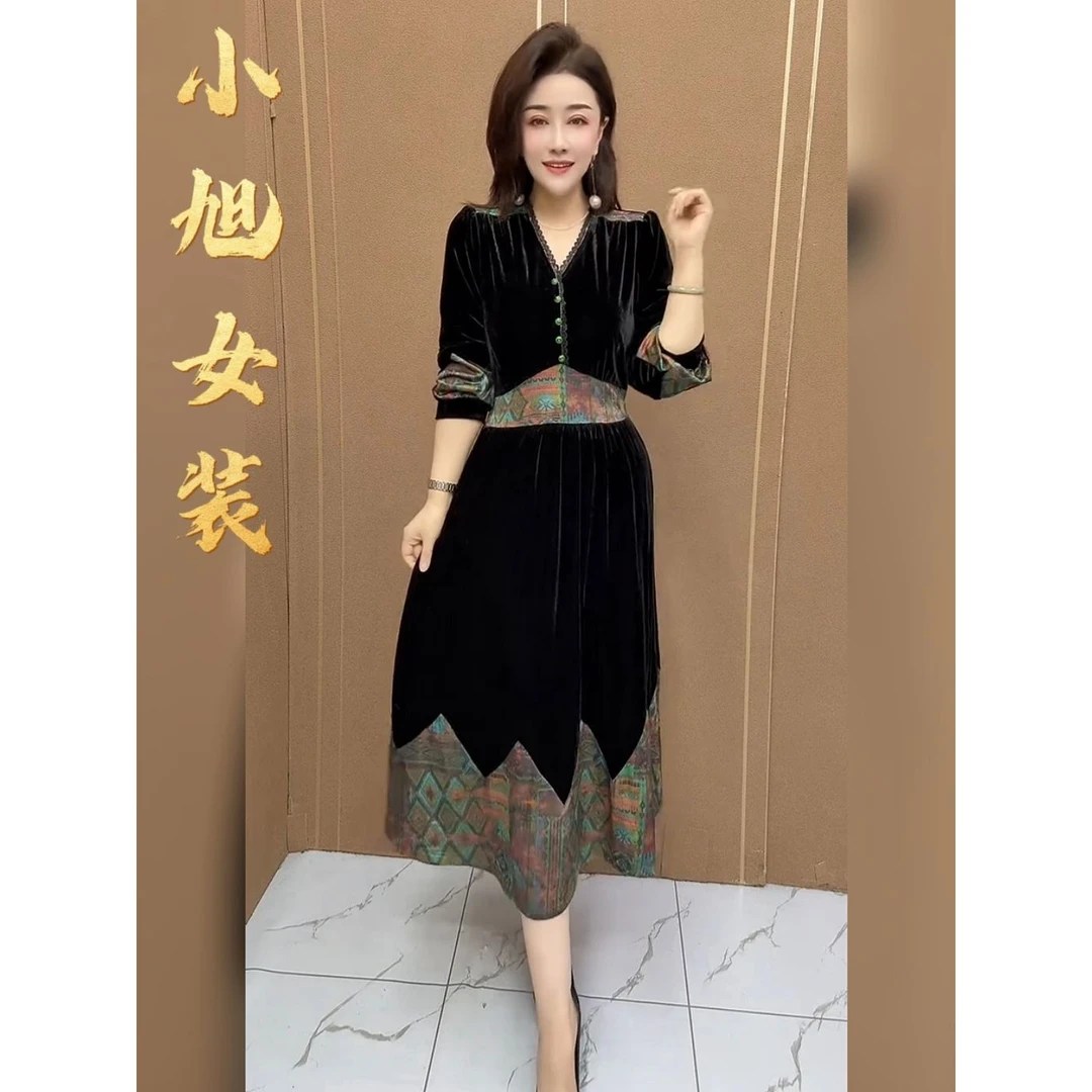 复古宫廷风金丝绒拼色连衣裙秋季新款时尚气质显瘦中长款长袖裙子