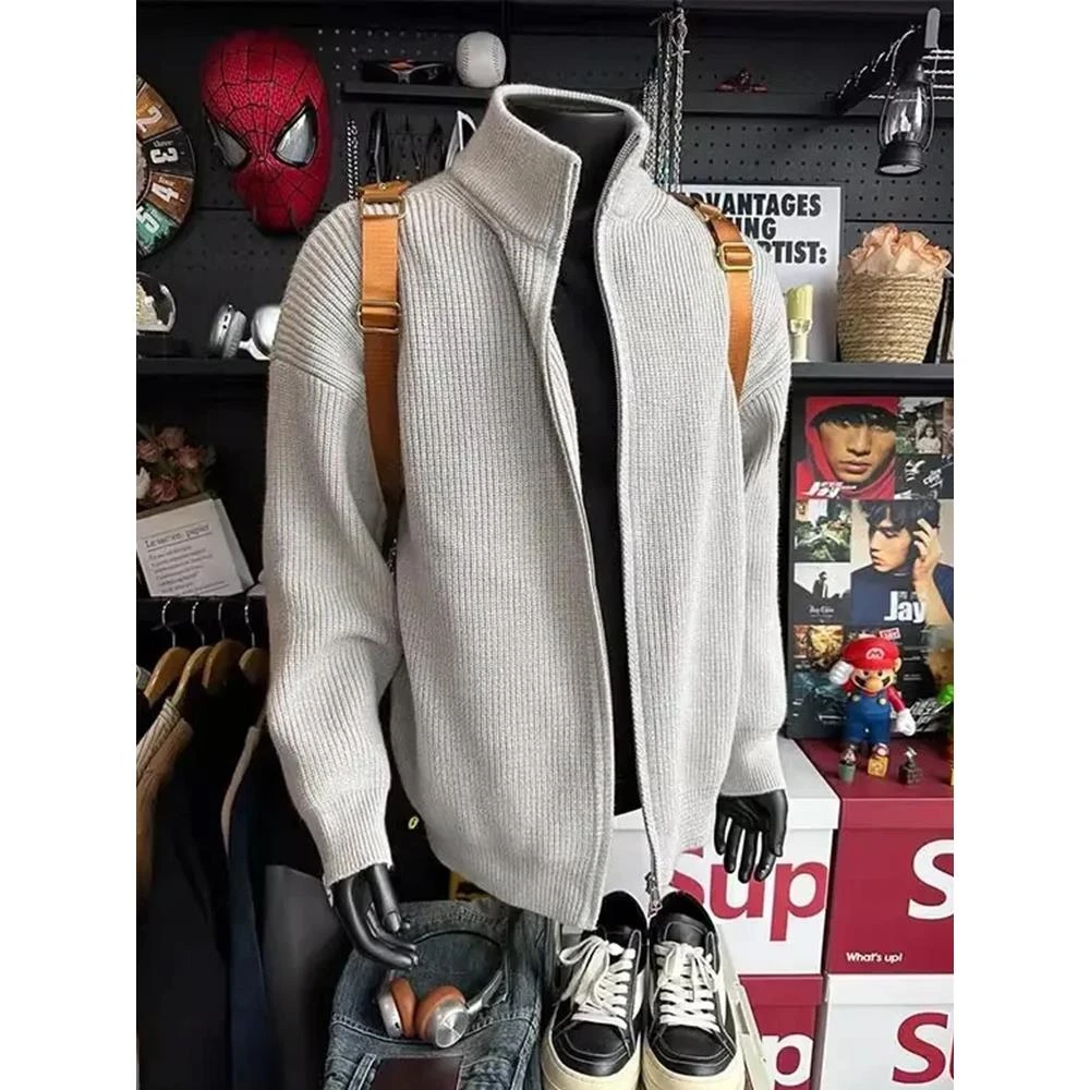 灰色双拉链开衫毛衣男秋冬慵懒风针织打底衫美式复古加厚立领外套