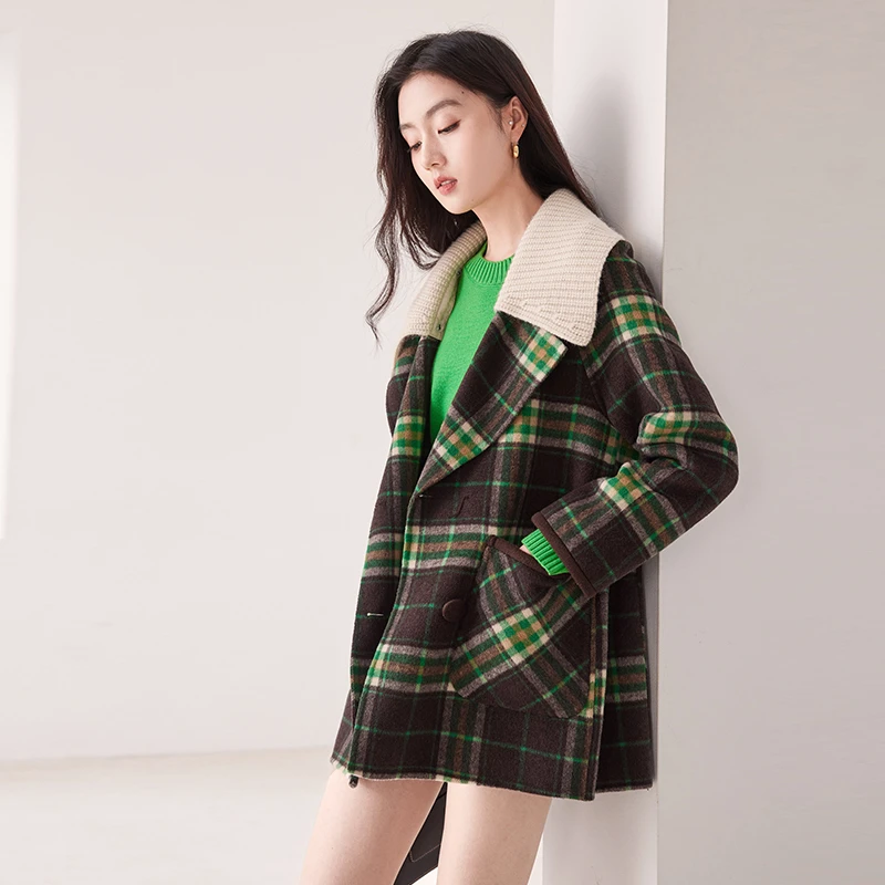 【香】绵羊毛时尚格子针织领毛呢外套2025冬季新款专柜撤柜女装