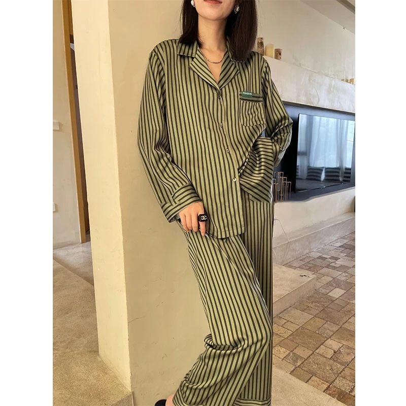 绿色法式条纹薄款大码宽松短袖长裤套装冰丝夏睡衣女士简约家居服