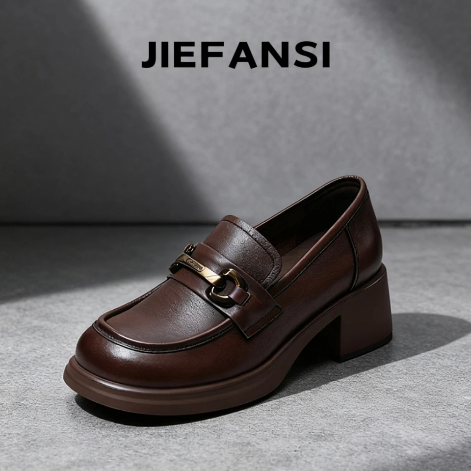 真皮乐福鞋女2025新款秋季粗跟复古英伦风皮鞋一脚蹬中跟厚底单鞋