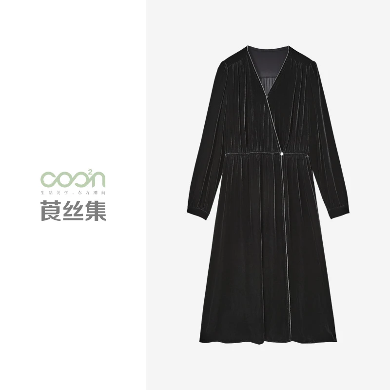 COO²N/莨丝集【店播】100%桑蚕丝复古收褶丝绒连衣裙D40LYQ08【勿用】
