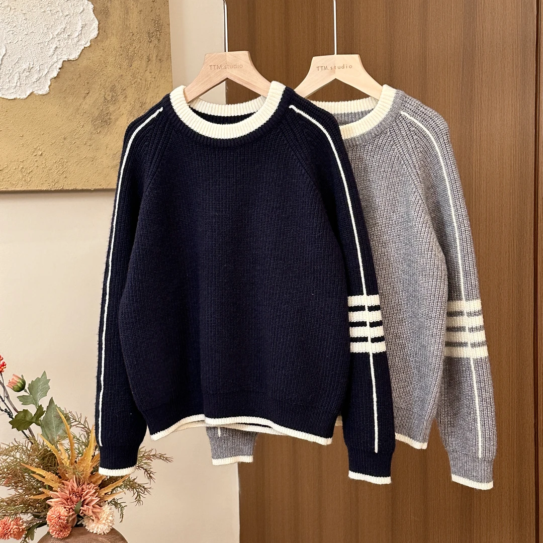 男女童2024年新款潮流圆领百搭高级感毛衣韩版中大童撞色