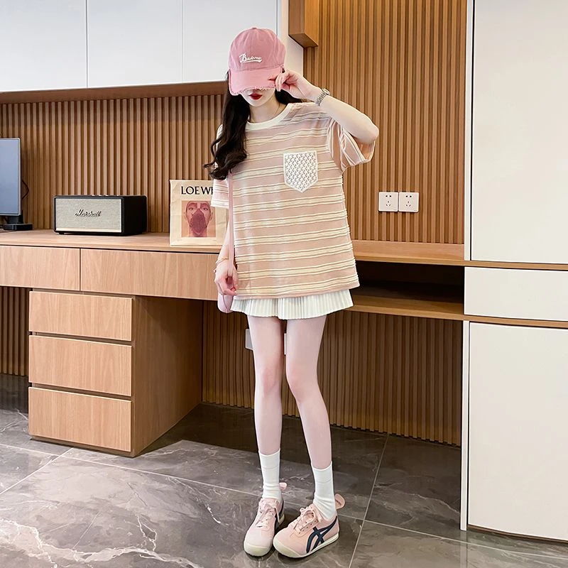 夏季网红休闲短袖条纹T恤女韩版时尚大码ins百搭显瘦宽松纯棉小衫