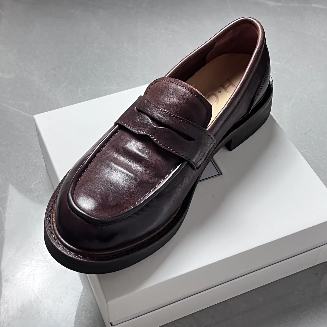 2025新款乐福马皮水洗一脚蹬英伦风黑色乐福男鞋里外双马皮真皮