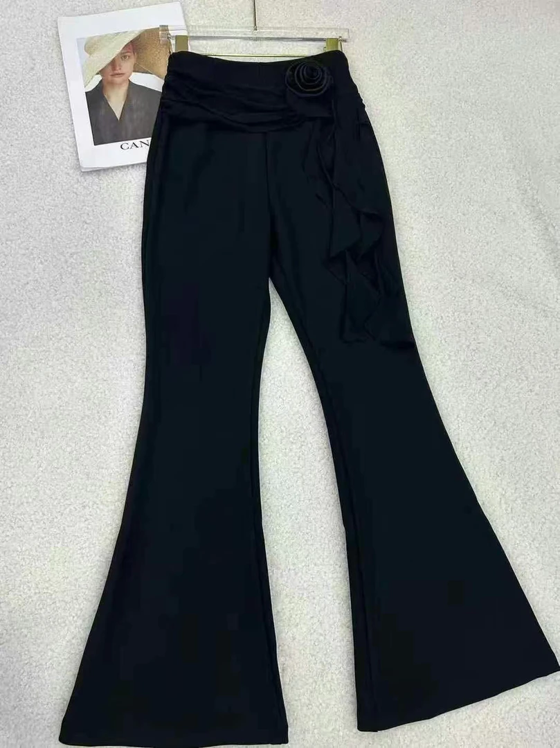 596/设计感褶皱立体花朵流苏喇叭裤/欧盼全品