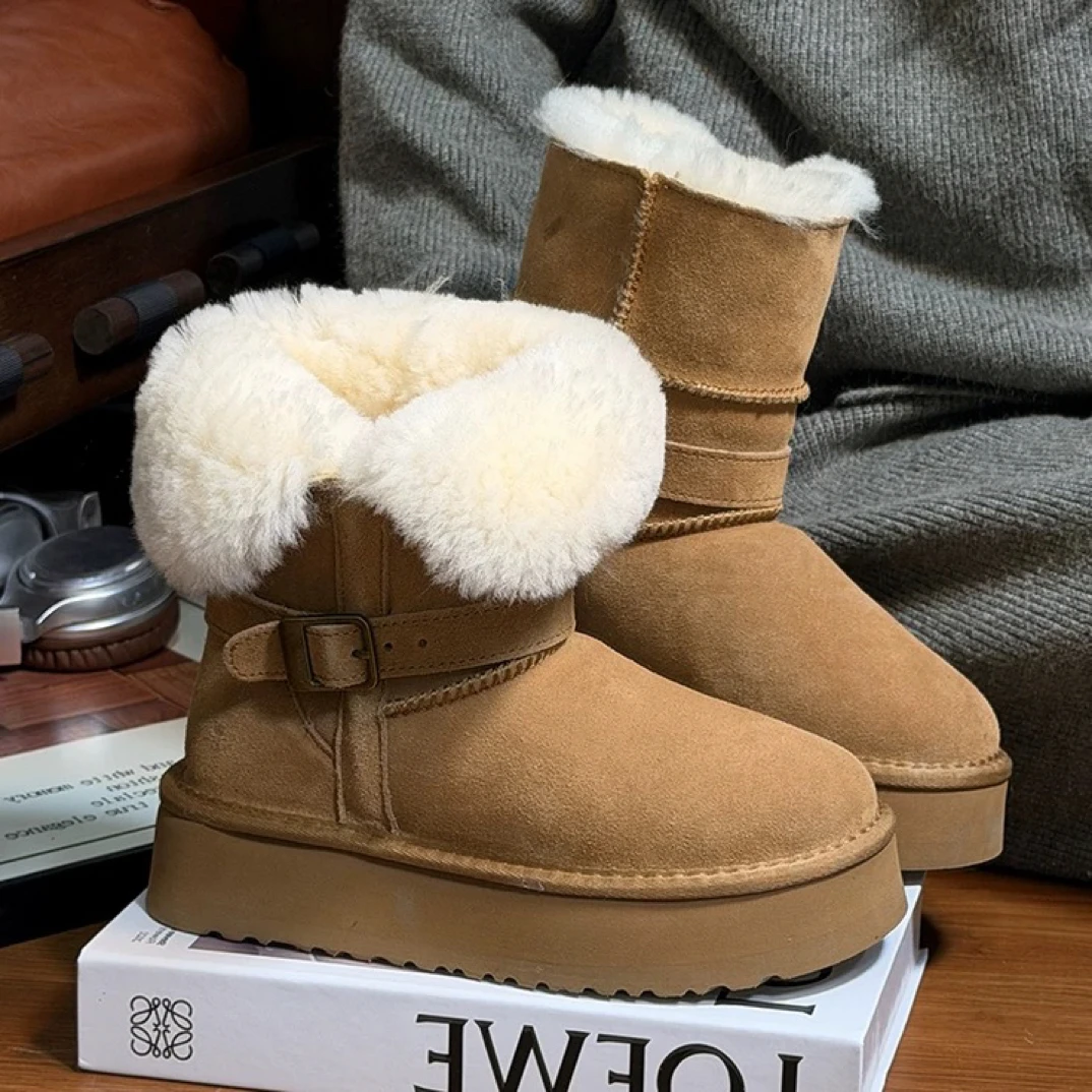 真皮羊毛中筒雪地靴女靴2025冬新款加绒加厚高筒靴厚底保暖大棉靴