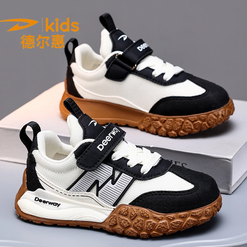 德尔惠儿童鞋子女2025新款春秋款男孩防滑透气学生舒适黑白运动鞋