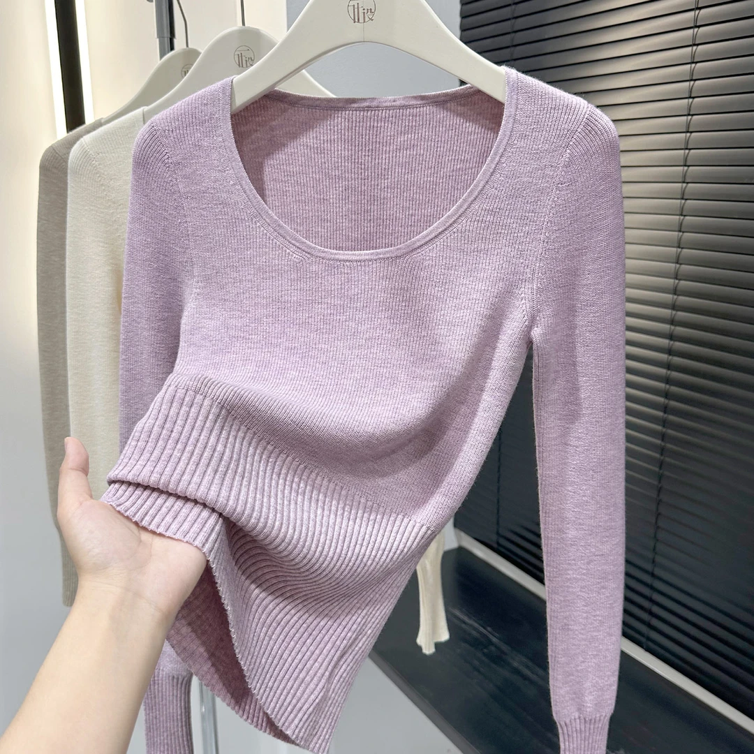 紫色大圆领露锁骨性感辣妹上衣秋冬内搭加绒设计感坑条修身打底衫