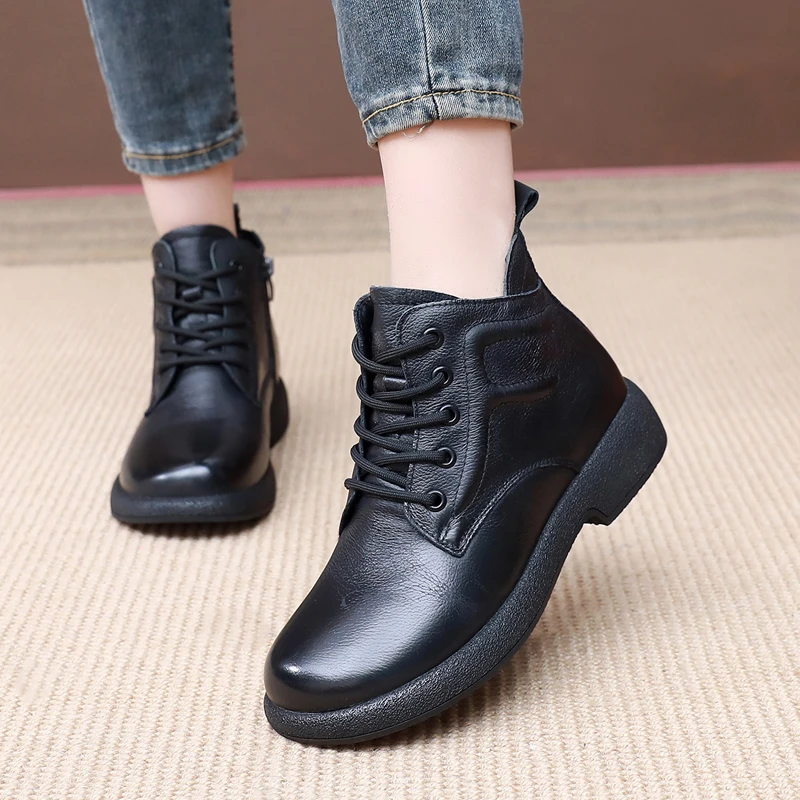 真皮厚底加绒保暖短靴软面软底舒适防滑中年妈妈鞋棉鞋加厚女靴