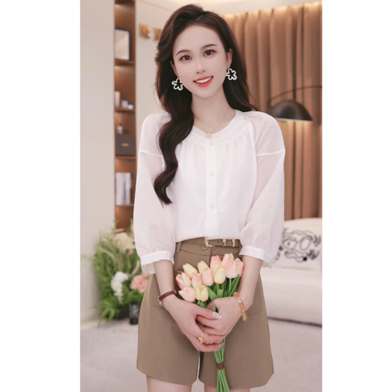 【粉丝专属】25416法式洋气圆领七分袖衬衫设计感小众百搭显瘦上衣
