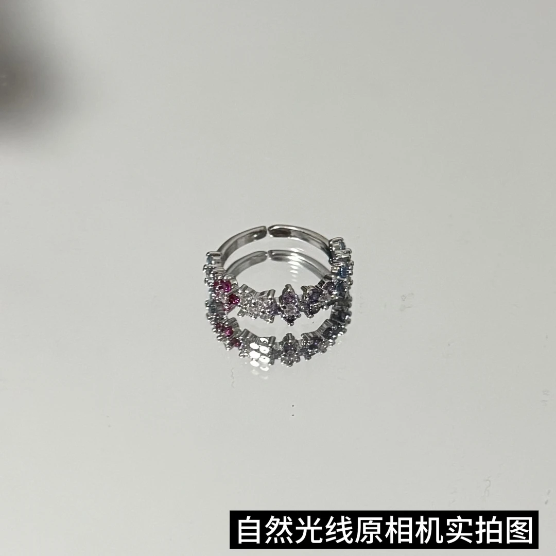 铜合金戒指 彩色紫色微镶锆石四叶花戒指开口可调节戒指
