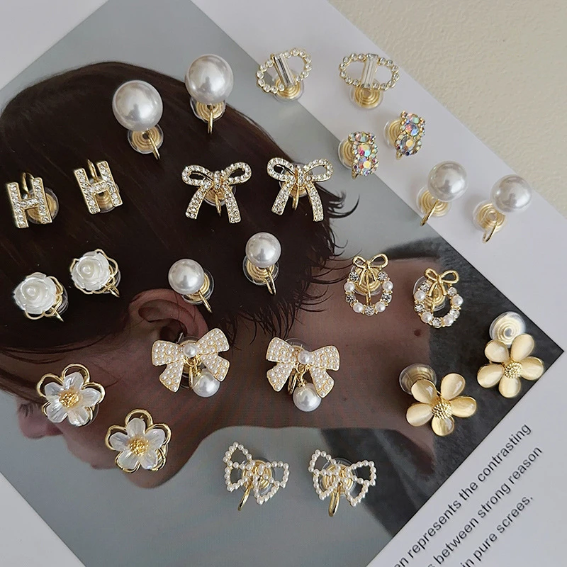 合金仿珍珠耳饰 蚊香盘耳夹无耳洞珍珠耳环港风花朵高级感蝴蝶结