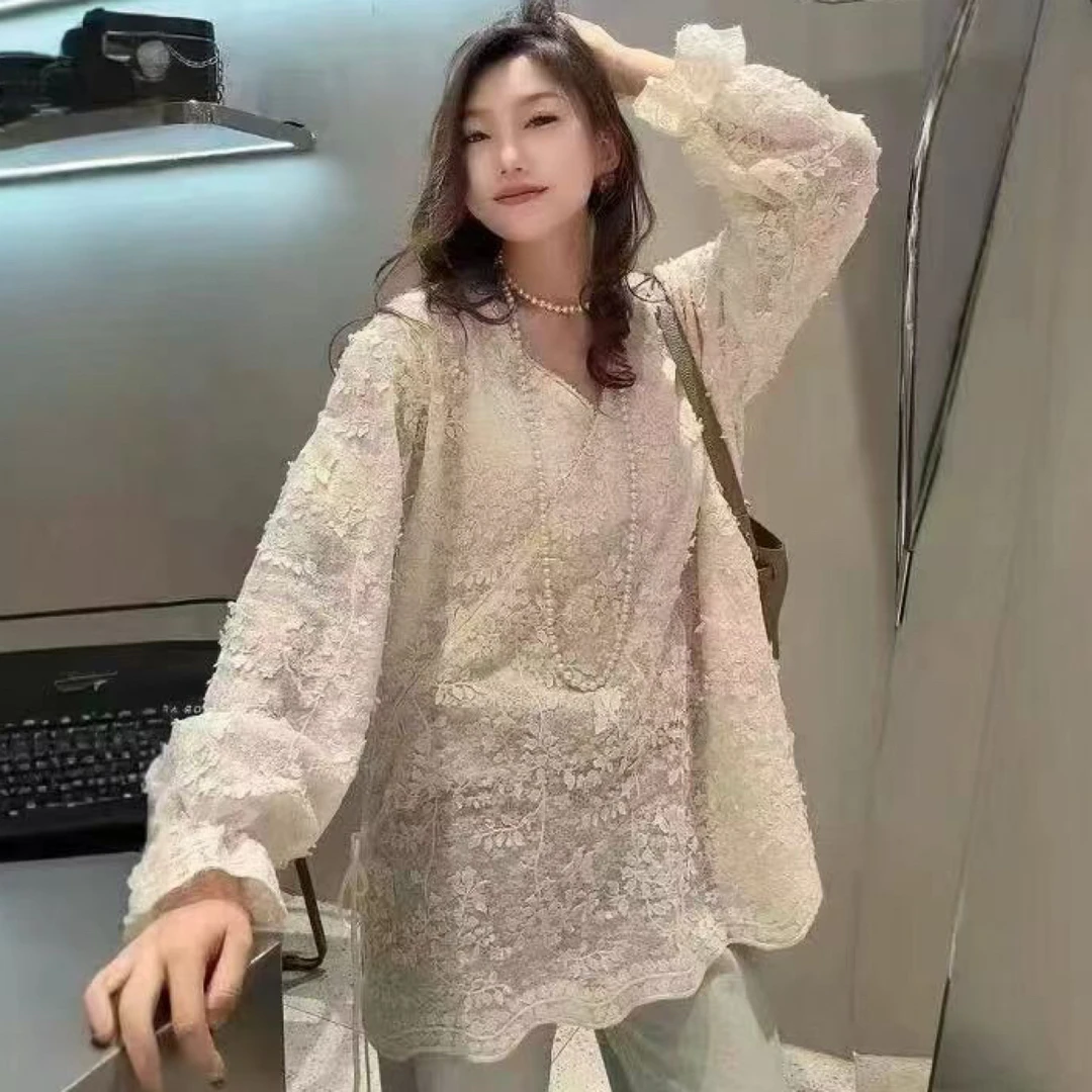 胖胖家*25175新款立体蕾丝斜襟新中式百搭蕾丝衫