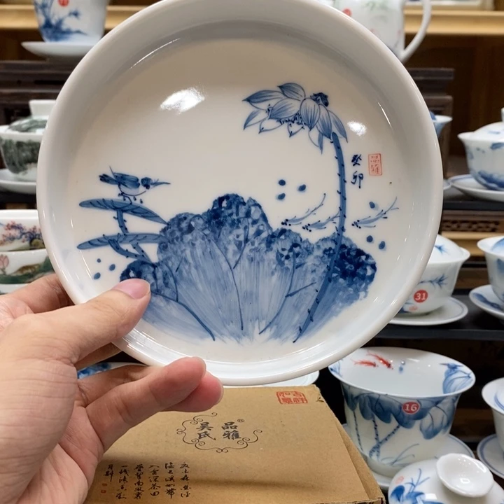 手绘荷花翠鸟大壶承釉下彩微瑕福利款