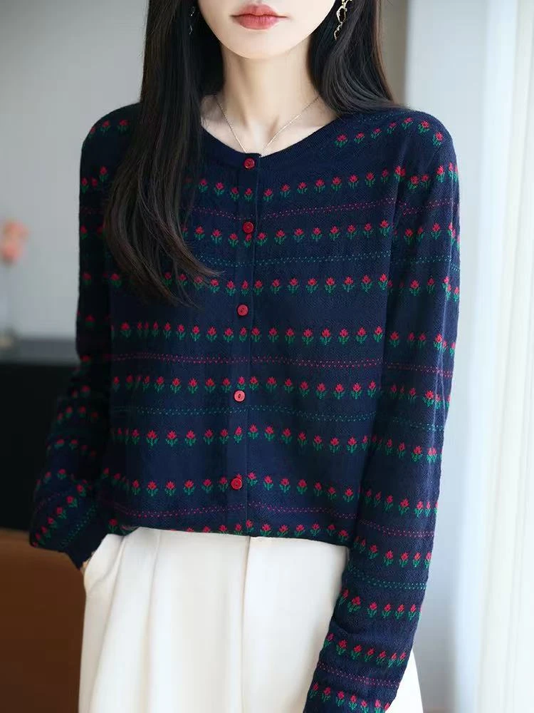 【葛行长定制】细腻柔软郁金香提花精纺六羊毛长袖针织开衫NSY051