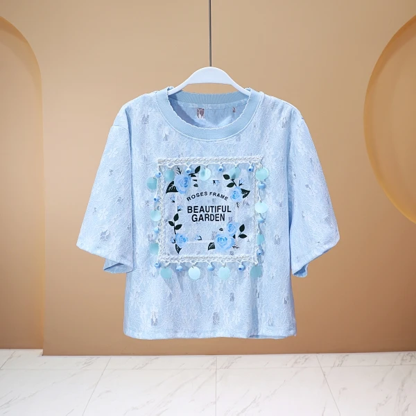 【程二女装】夏季天丝凉感小众BABY蓝勾花蕾丝时尚休闲短款T恤7881