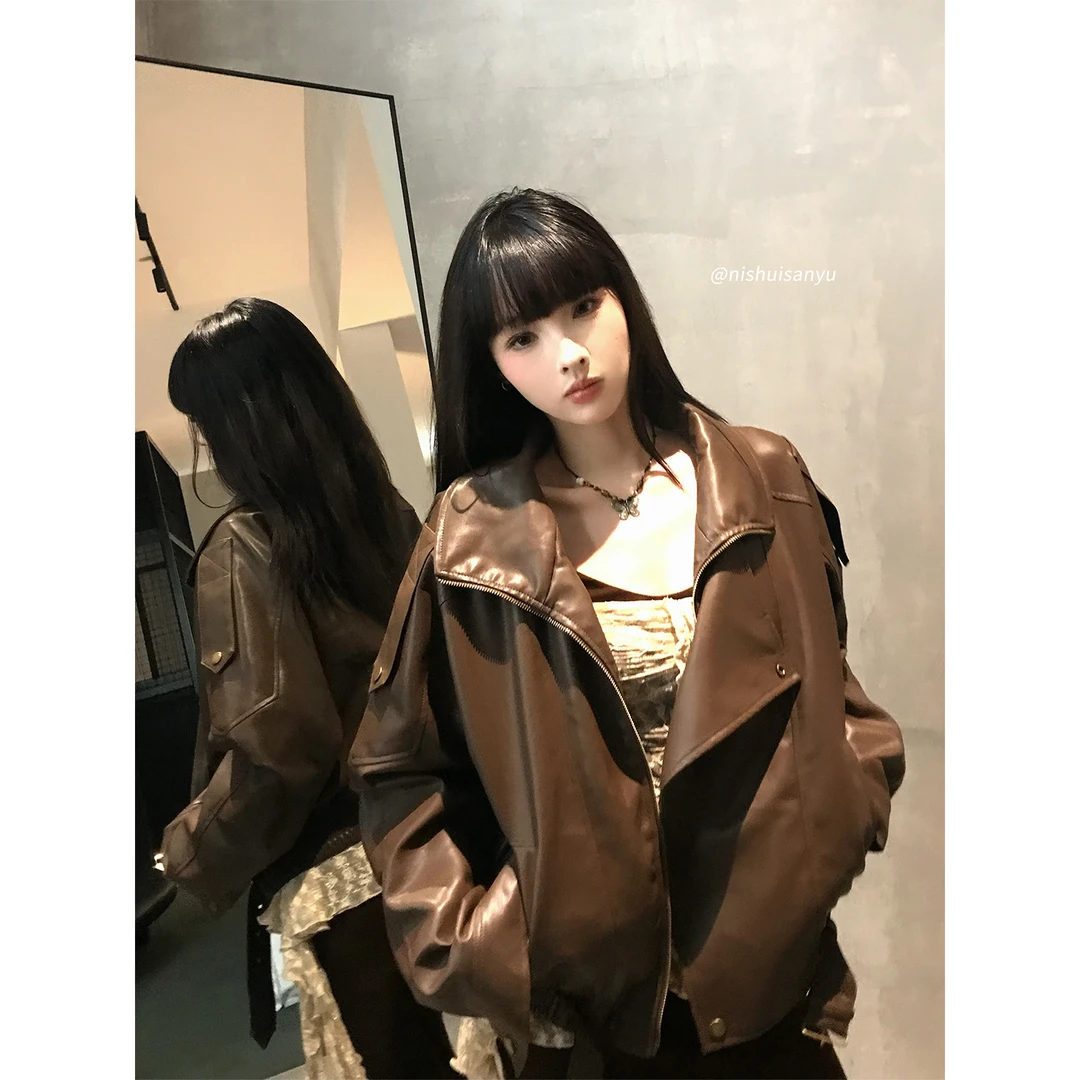 溺水三鱼【暮秋行者】小个子复古美拉德pu皮秋季宽松立领夹克外套