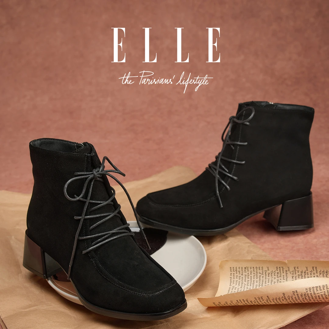 ELLE栗子可可绒面粗跟短靴女2025爆款莫卡辛靴子一脚蹬真皮马丁靴