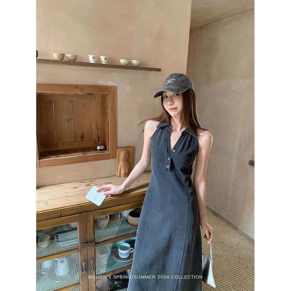 古着挂脖牛仔Polo裙无袖连衣裙2025新款女夏季气质高腰v领长裙子