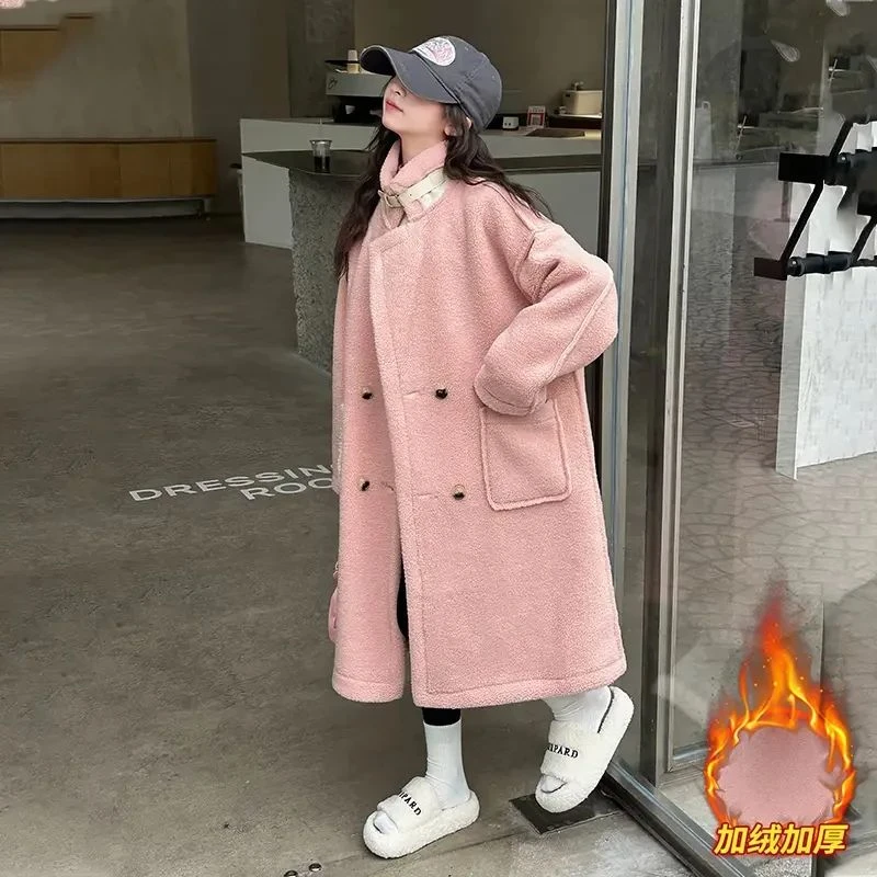 女童毛毛衣外套2025秋冬装新款洋气女孩加厚保暖中大儿童长款风衣