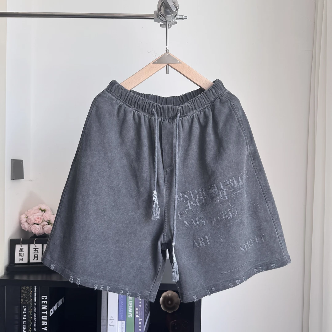 2025夏季新款潮牌重磅纯棉做旧破洞短裤男宽松阔腿休闲直筒五分裤