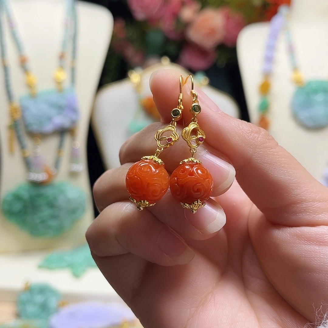 翡翠颈饰银S925镀金镶嵌红翡