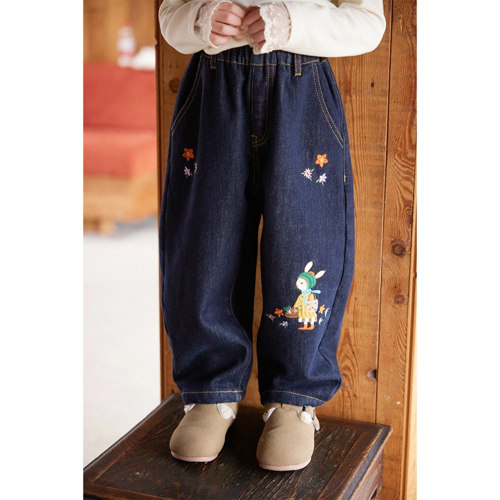 【双12】Toz Girls豆几妈秋冬女童刺绣牛仔裤加绒加厚外穿百搭裤子