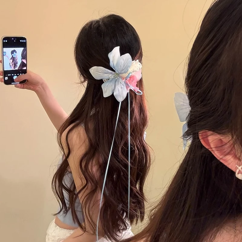 如花在野~早秋氛围感花朵发夹2025新款百合花飘带鸭嘴夹发饰发卡