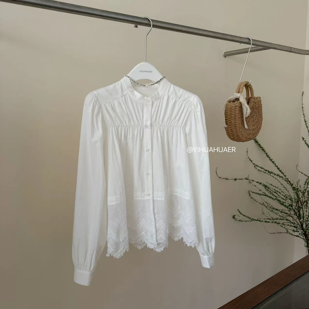 BMM-2206新款法式气质圆领长袖蕾丝拼接衬衫女