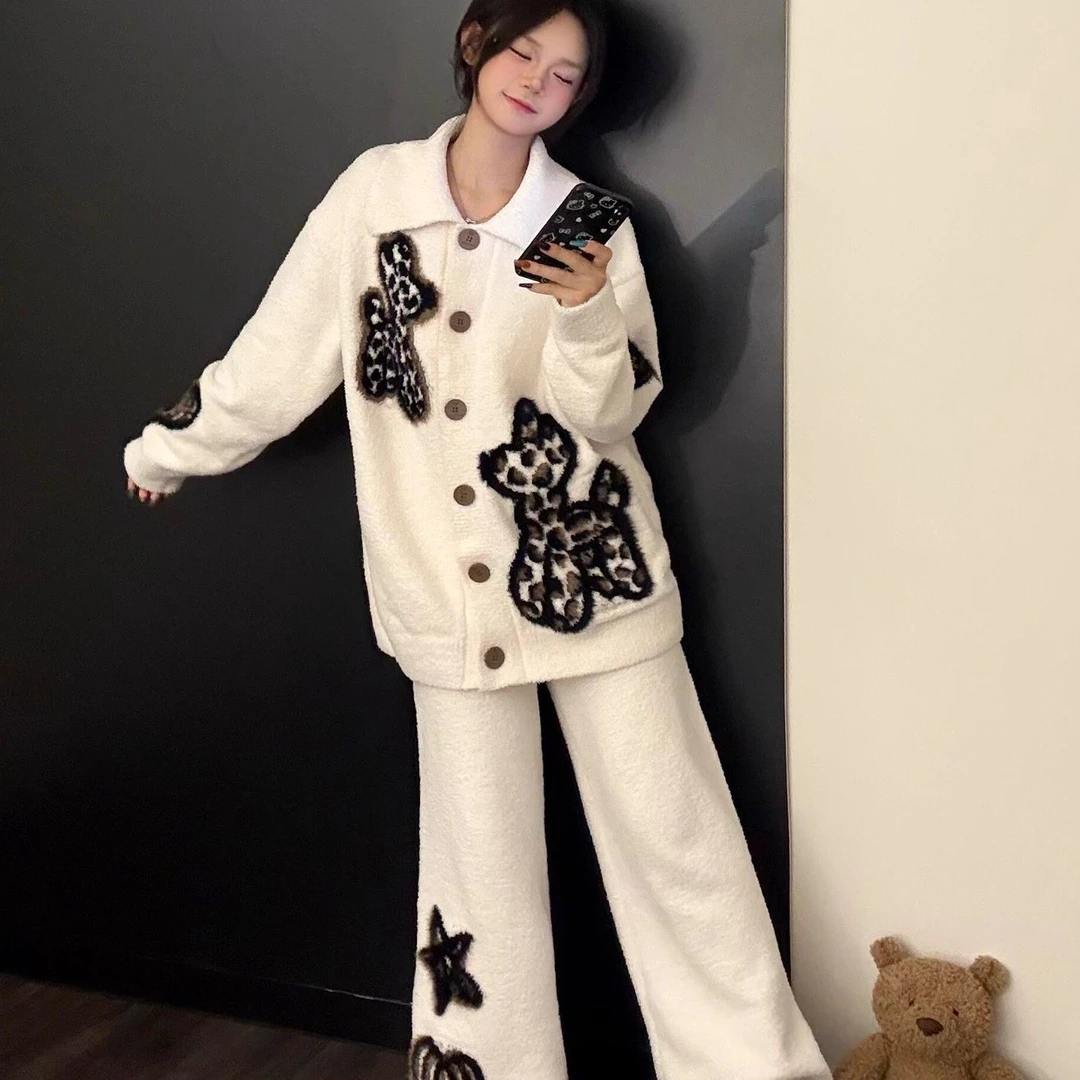韩系豹纹卡通半边绒睡衣女士秋冬季加绒加厚可外穿宽松家居服套装