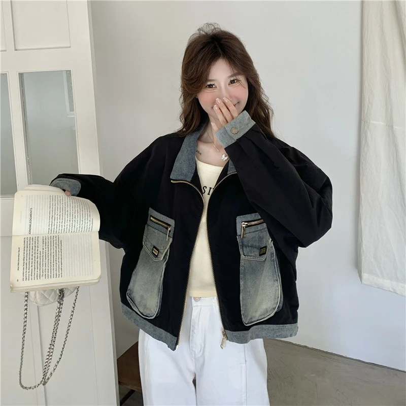 牛仔外套女2025春秋新款爆款韩版黑色拼接设计感短款棒球服小个子