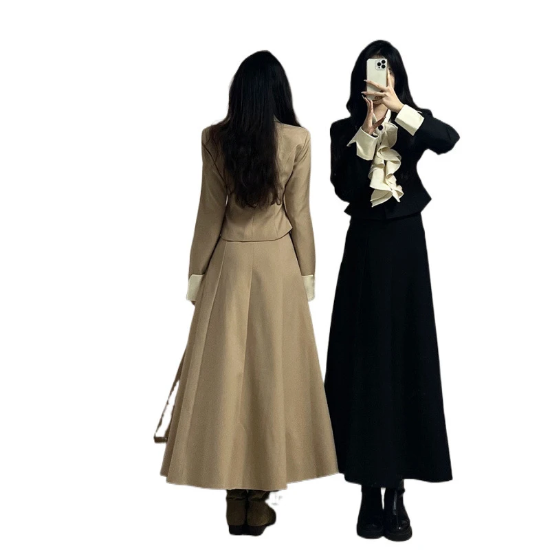 韩系财阀女主荷叶边西服套装秋季新款气质外套长款半身裙女两件套