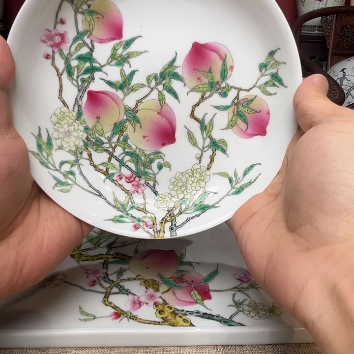 小***子摆件粉彩寿桃高足盘（矿点