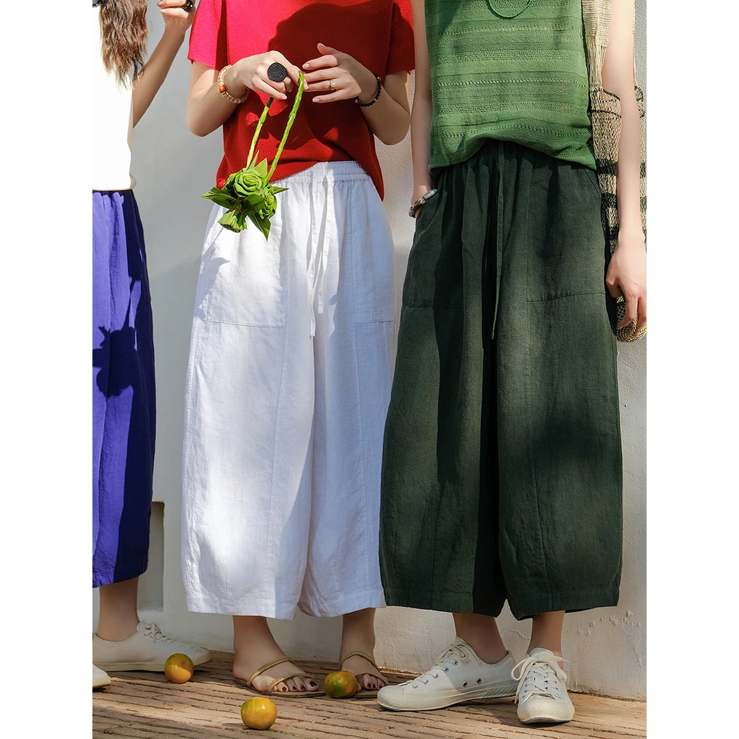 麻霖14支100%亚麻文艺休闲墩实垂坠显瘦马卡龙色系清凉萝卜八分裤