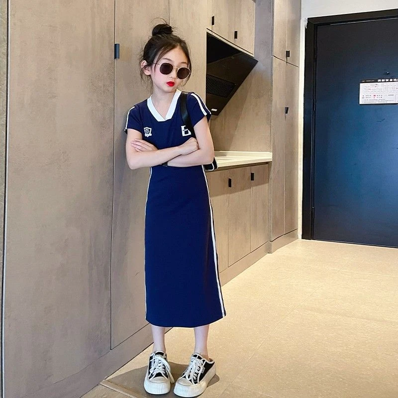 女童裙子夏季2025新款儿童长裙T恤裙夏装女孩大童洋气辣妹连衣裙